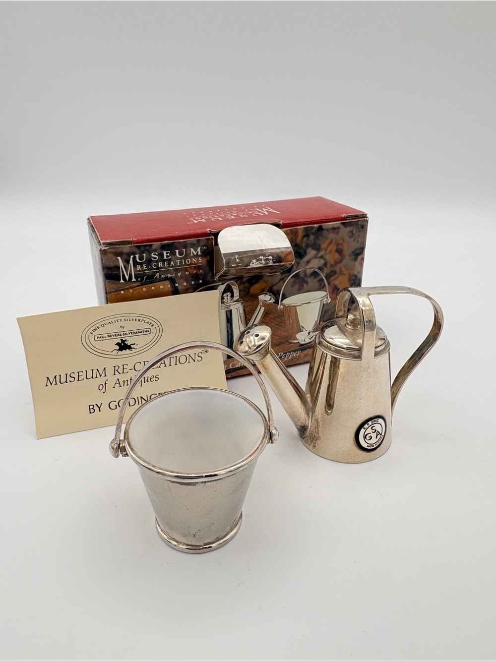 Vintage Godinger Silverplate Watering Can & Pail Salt Pepper Set